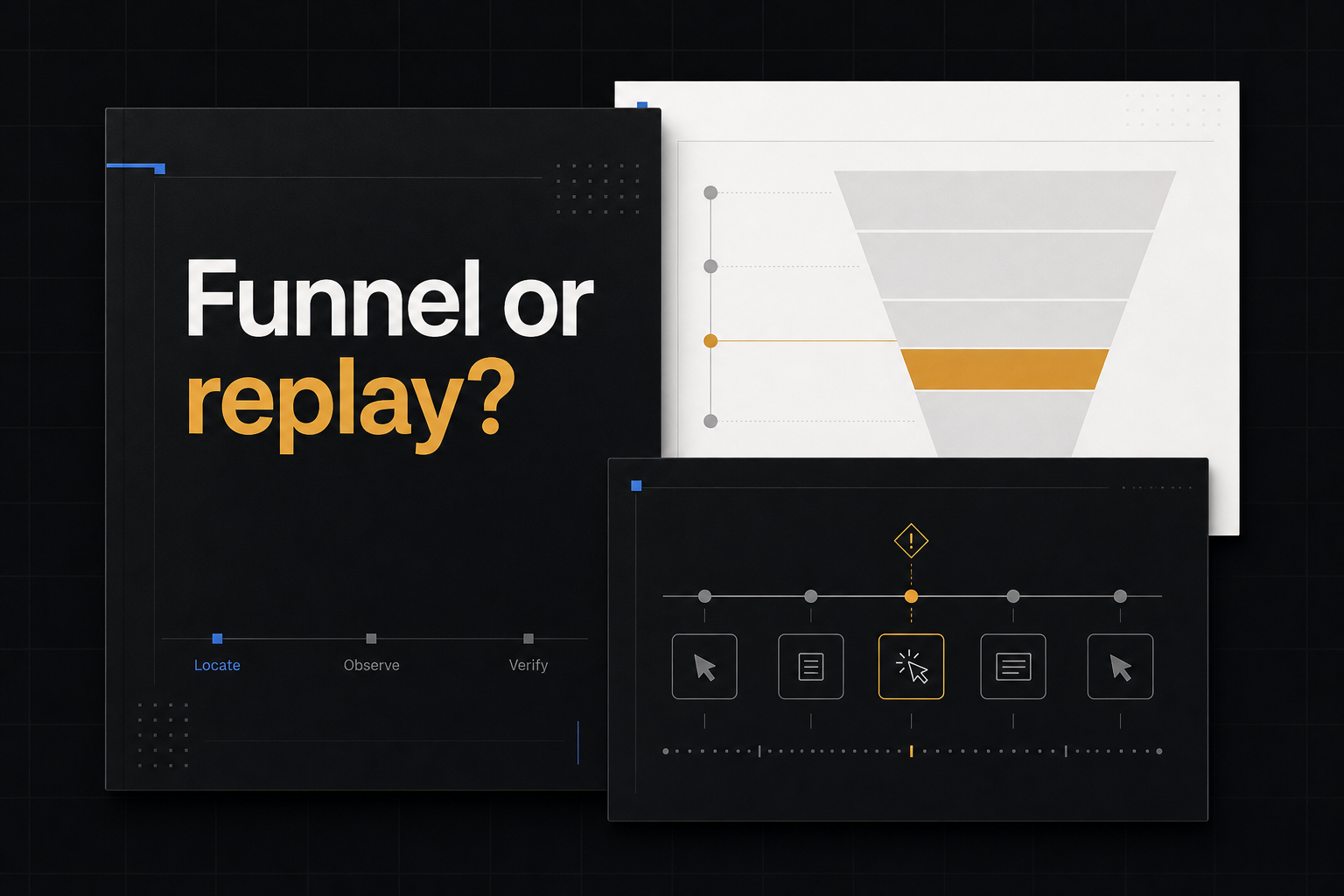 Editorial cover: a funnel locating a drop and a replay observing the same stage