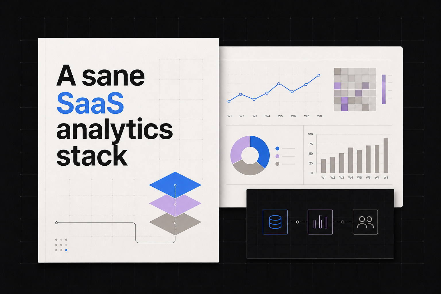 Editorial cover: the parts of a small SaaS analytics stack arranged as a restrained technical system